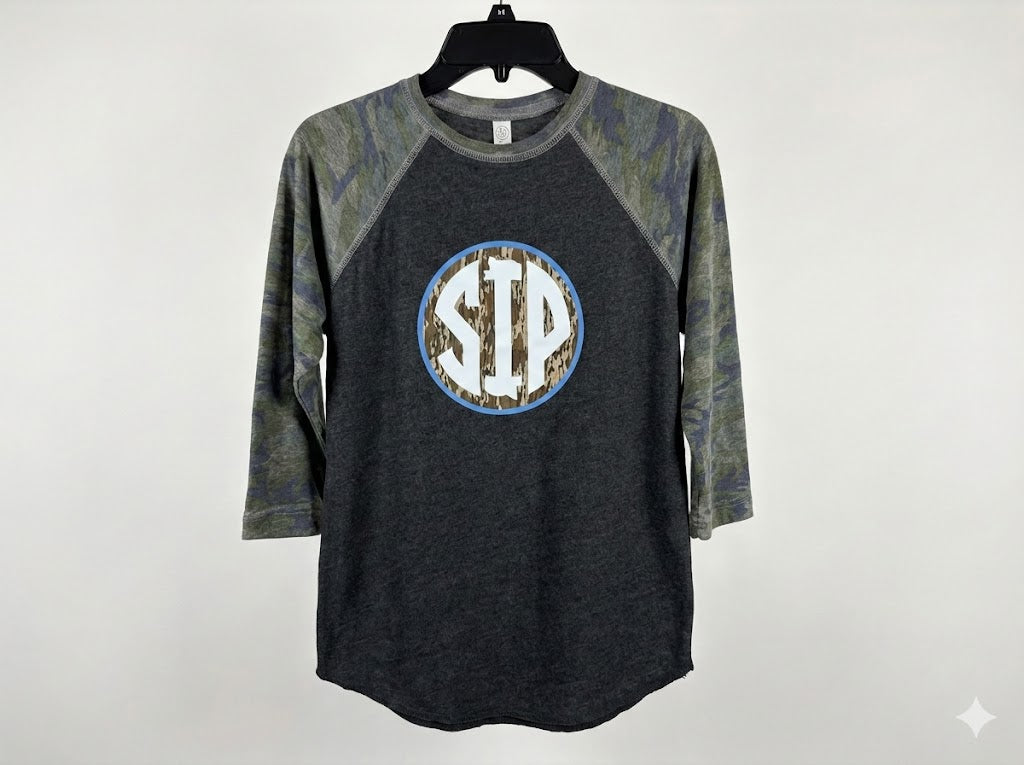SIP Camo Centered - Quarter Sleeve Youth Grey Tee Unisex