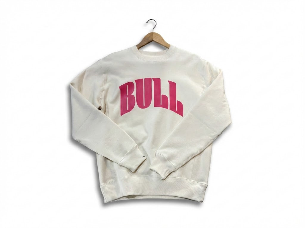 Bull Script - Pink Lettering Cream Graphic Crew Neck Sweatshirt Adult Unisex | Bull
