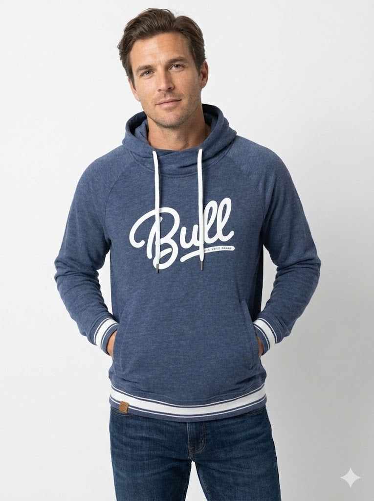 Bull Script - Navy Graphic Mock Neck Rib Knit Hoodie Adult Unisex | The Boyz Brand
